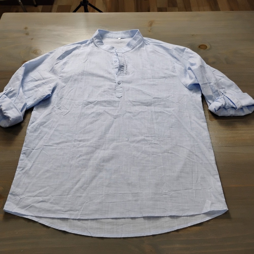 Men's Casual Shirt Size XL Light Blue Cotton Linen Pullover Lightweight Long Slv